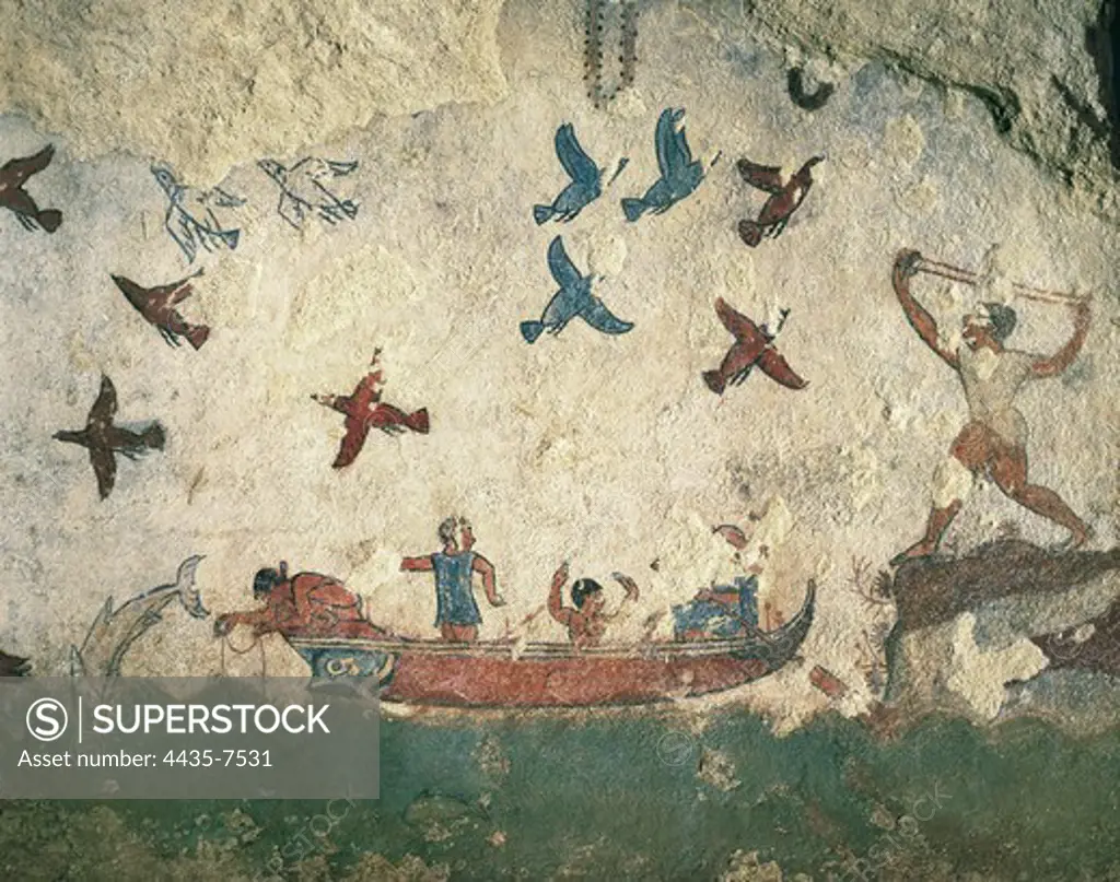 Tomb of Hunting and Fishing. ITALY. Tarquinia. Necropolis of Monterozzi. Tomb of Hunting and Fishing. Fishermen. Etruscan art. Fresco.
