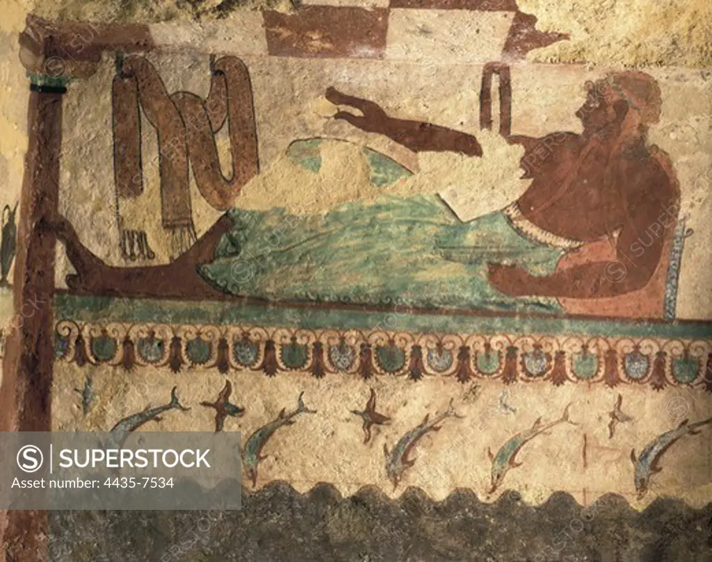 Tomb of The Lionesses. ITALY. Tarquinia. Necropolis of Monterozzi. Tomb of The Lionesses. Banquet scene. Etruscan art. Fresco.