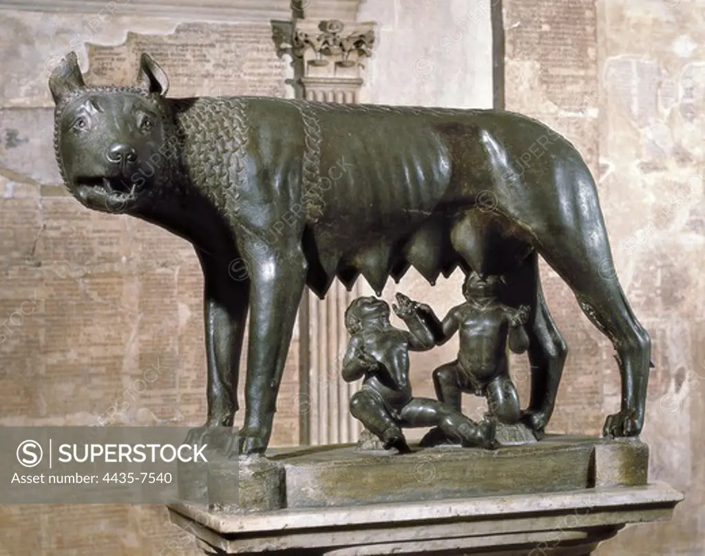 Capitoline Wolf. 5th c. BC. Etruscan art. Sculpture on bronze. ITALY. LAZIO. Rome. Capitoline Museums.