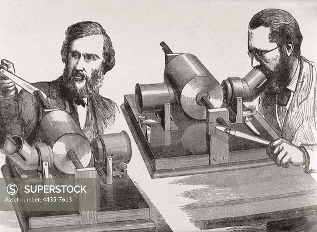 Experiments with the phonograph in the 'Royal Institution', 1878. Professors John Tyndall and W.H. Preece Speaking into Phonograph. Engraving.