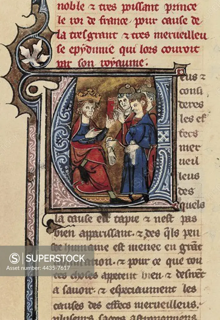 Treatise on the plague in France. Depicting a group of doctors explaining the disease to the King. Gothic art. Miniature Painting. FRANCE. ëLE-DE-FRANCE. Paris. National Library.