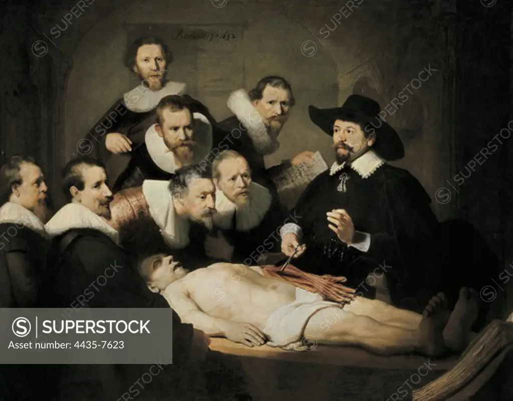 REMBRANDT, Harmenszoon van Rijn, called (1606-1669). The Anatomy Lecture of Dr. Nicolaes Tulp. 1632. Dutch School. Baroque art. Oil on canvas. NETHERLANDS. SOUTH HOLLAND. The Hague. Mauritshuis.