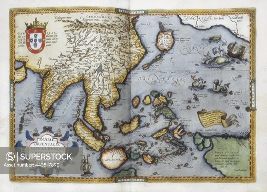 ORTELIUS, Abraham (1527-1598). Theatrum Orbis Terrarum. 1570. It is considered to be the first modern atlas. Map of the Pacific Ocean depicting China, Japan, Alaska, India and Southeast Asia. Printed in Antwerp by Christophe Plantin (1588). Etching. SPAIN. CASTILE AND LEON. Salamanca. Salamanca University Library.