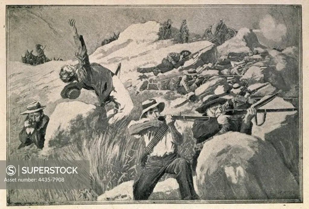 Boer guerrilla commando shooting against English infantry. Second Anglo-Boer War, 1899-1902. Illustration from 'Artistic Illustration'. Litography.