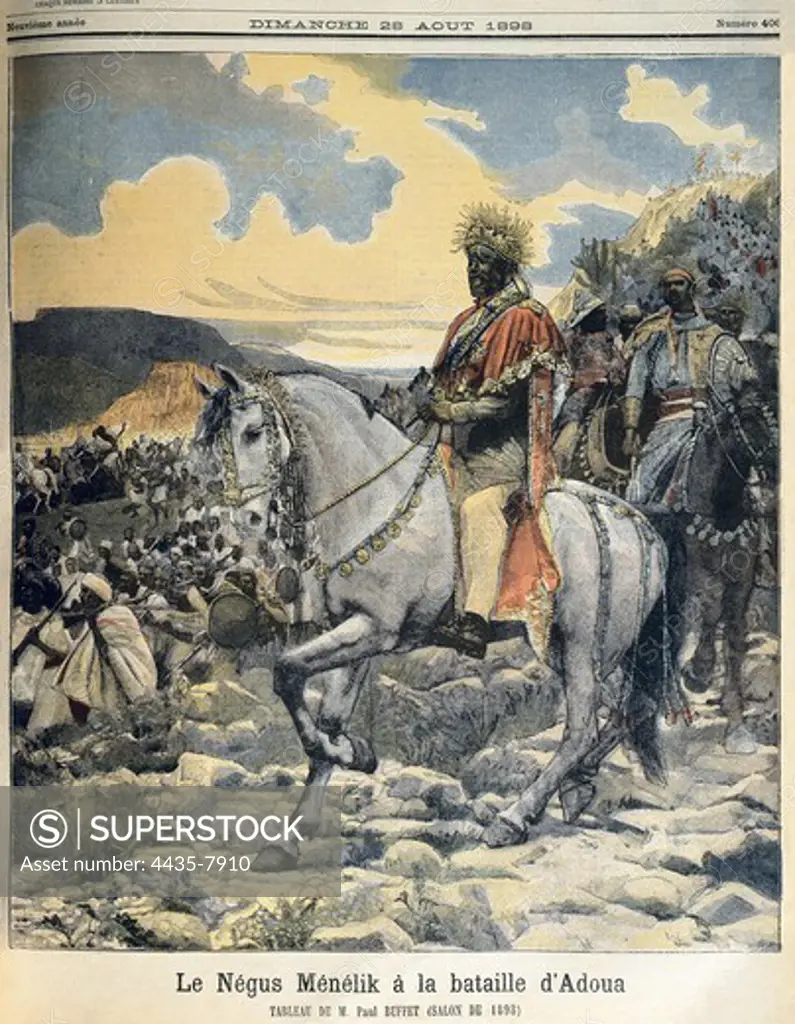 Abyssinia (1896). Negus Menelik at the battle of Adowa, where the Abyssinian defeated the Italian. Image of the illustrated supplement of 'Petit Journal' (28th August 1898). Engraving.