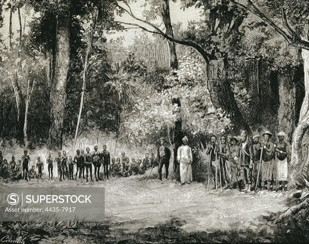 Africa (XIX). Equatorial Guinea. Exploration into Fernando Poo. Bubi people from Musola and Bocaboch villages. Image appeared in 'La Ilustracin Espa-ola y Americana' newspaper. Engraving.