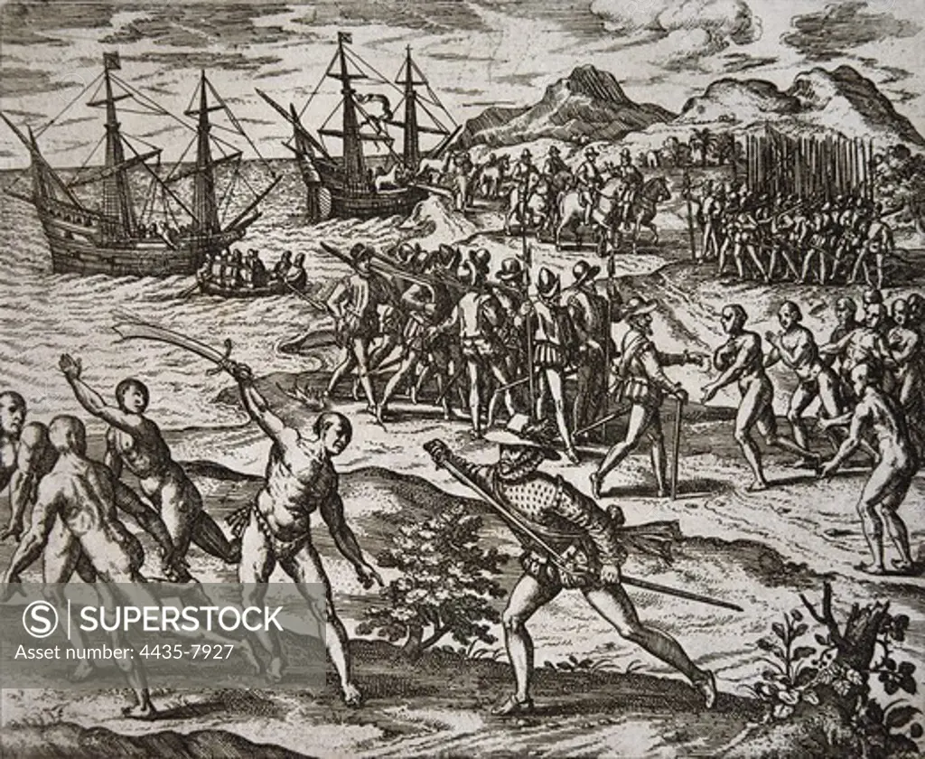 Landing and conquest of Yucatan by Francisco de Montejo's troops (1526). Illustration by Theodore de Bry. Xylography.