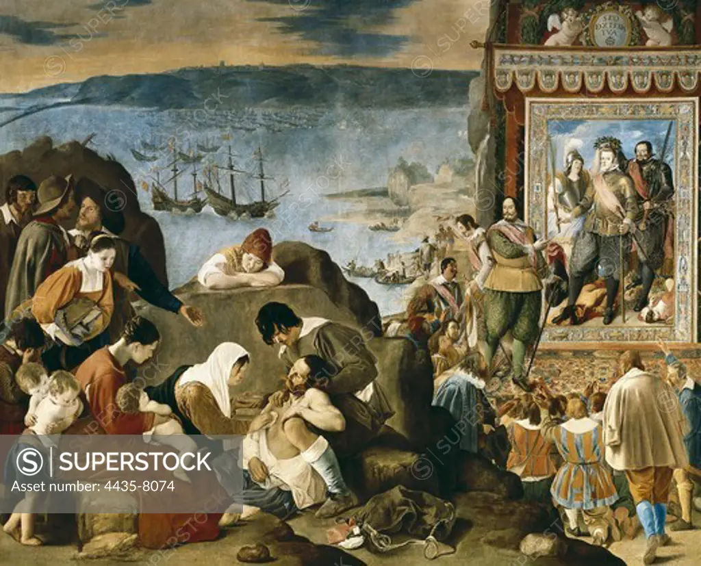 MAINO, Juan Bautista (1578-1649). The Recovery of Bahia in Brazil. 1634. Port under Dutch power till the conquest of Fadrique de Toledo. He appears on the left showing a tapestry depicting Philip IV and the Count-duke of Olivares with the Victory treading the bodies from the Heresy, Wrath and War. Baroque art. Oil on canvas. SPAIN. MADRID (AUTONOMOUS COMMUNITY). Madrid. Prado Museum.