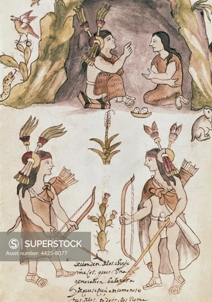 Codex Osuna (Cdice Osuna). 16th c. Manuscrit written in nauhtl and spanish, that compiles the acusations against the Viceroy de Mexico Luis Velasco, gathered by Jernimo de Valderrama in 1563-1565. Indigenous hunter-warriors. Miniature Painting. SPAIN. MADRID (AUTONOMOUS COMMUNITY). Madrid. National Library.