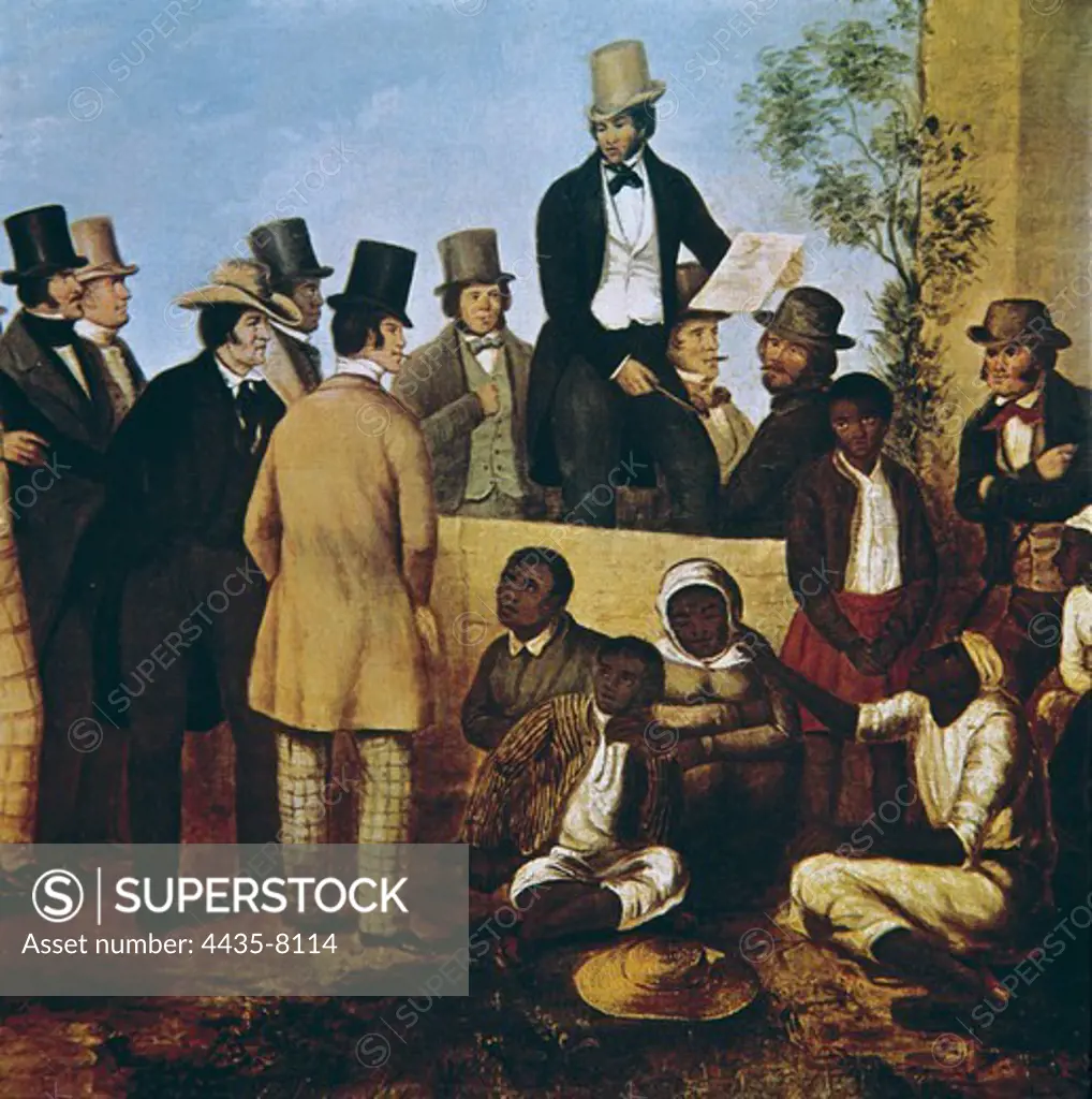 American Slave Market, 1852. Work by Taylor. Oil on canvas.