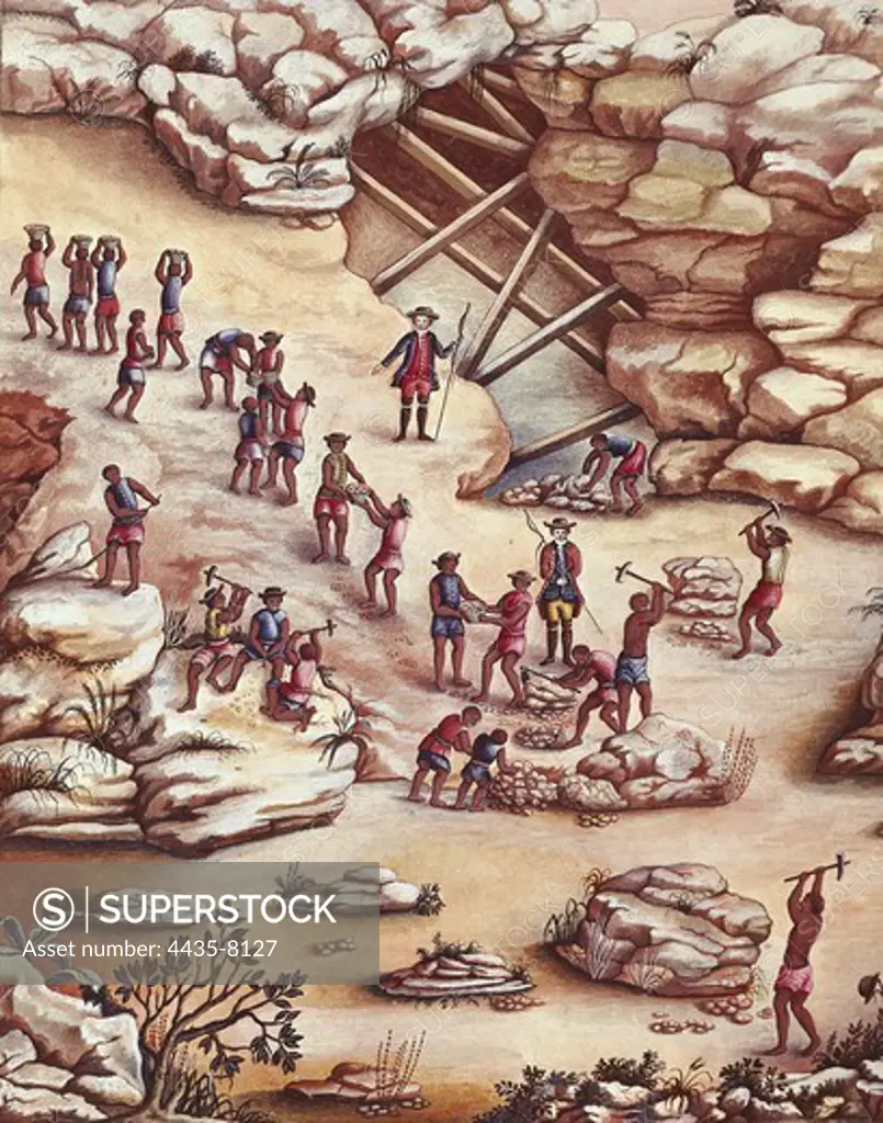 Brazil (18th c.). Slaves in a diamond mine. Painting.