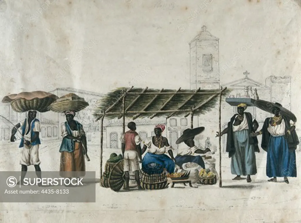 CHAMBERLAIN, Henry (1796-1844). Fruit sellers in Lapa. 1819 - 1820. Market in Lapa quarter, Rio de Janeiro. Watercolour. BRAZIL. Sao Paulo. Sao Paulo Museum of Art.