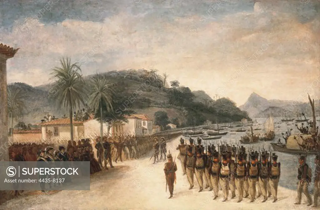 DEBRET, Jean Baptiste (1768-1848). A Colourful and Historic Journey to Brazil. 1839. Troop boarding in Praia Grande. Expedition against Montevideo, during the Liberation Campaigns of Eastern Side, circa 1811-1814. Costumbrism. Litography. BRAZIL. RIO DE JANEIRO. Petrpolis. Imperial Museum.