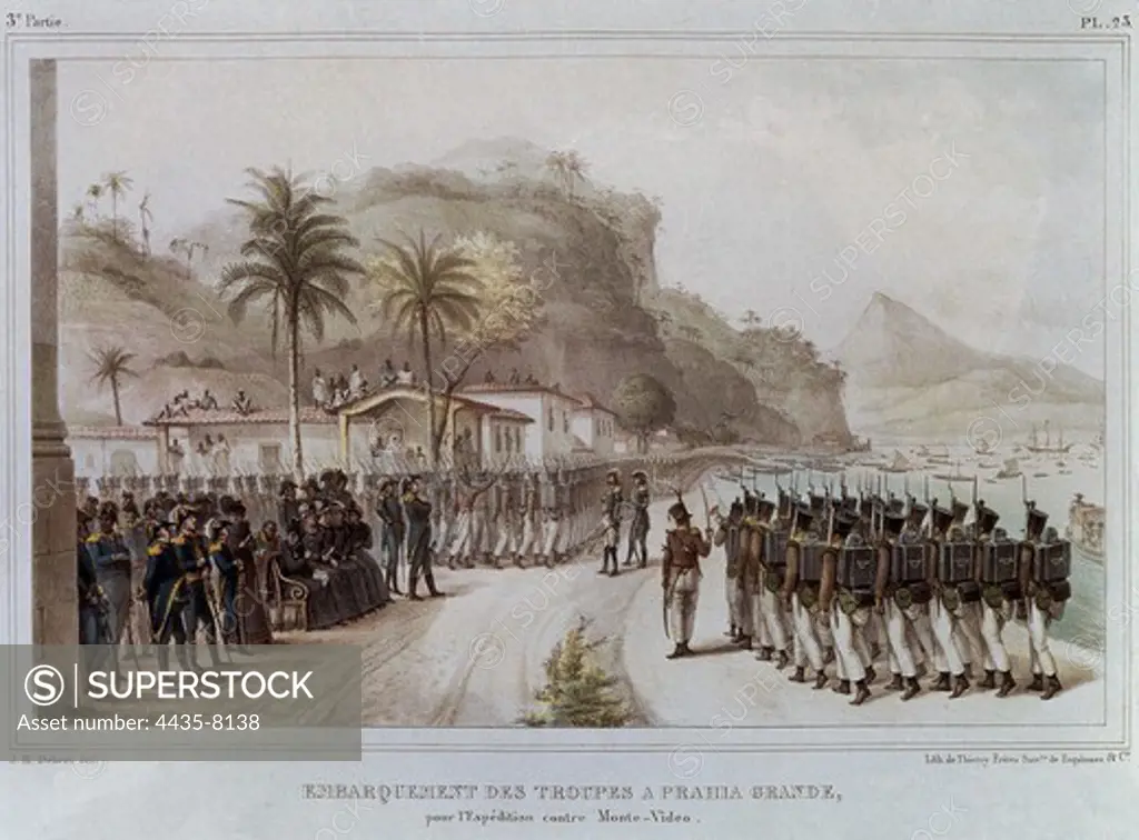 DEBRET, Jean Baptiste (1768-1848). A Colourful and Historic Journey to Brazil. 1839. 'Embarquement des troupes a Prahia Grande, pour l'expedition contre Monte-Video'. Boarding of troops in Prahia Grande for the expedition against Montevideo, c.1811-1814. Costumbrism. Litography.