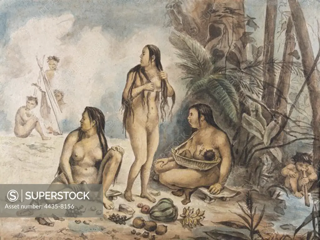DEBRET, Jean Baptiste (1768-1848). A Colourful and Historic Journey to Brazil. 1839. Indigenous women in Cantagalo. Costumbrism. Litography. BRAZIL. Rio de Janeiro. Raymundo Ottoni de Castro Maya Museum.