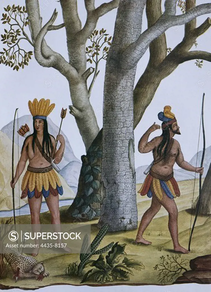 Indigenous hunters of Brazil, 18th century. Costumbrism. Watercolour.