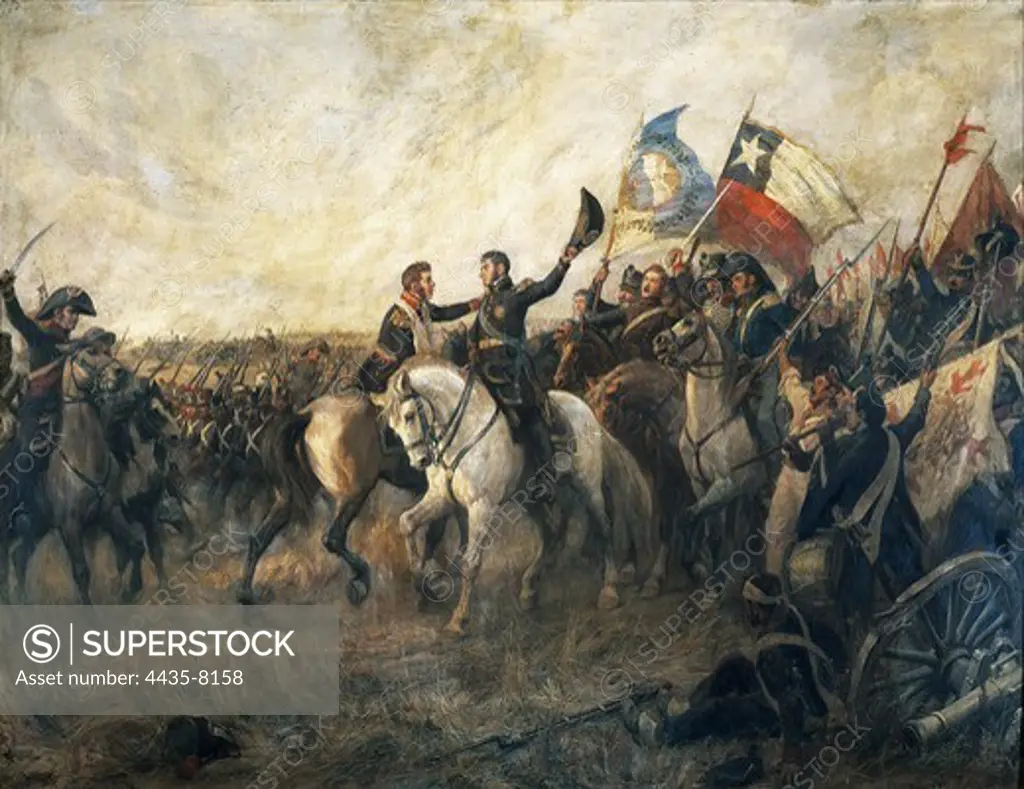 SUBERCASEAUX ERRAZURIZ, Pedro (1880-1956). The Hug of Maipœ. 1908. Hug between Generals JosŽ de San Martn and Bernardo O'Higgins, winners of the battle of Maipœ (5th April 1818). Oil on canvas. ARGENTINA. BUENOS AIRES. Buenos Aires. National Historical Museum of the Town Council.