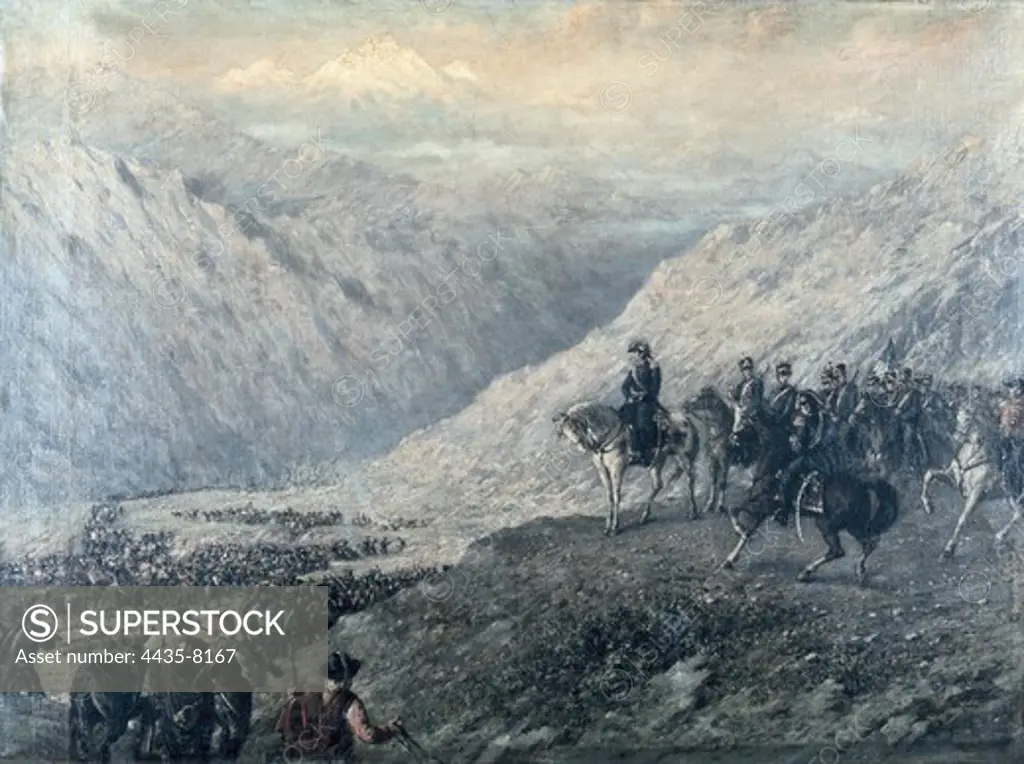 BALLERINI, Augusto (1857-1897). The Andes Pass. 1890. The army of San Martn crossing the los Andes to fight for the independence of Chile and Peru (1817). Oil on canvas. ARGENTINA. BUENOS AIRES. Buenos Aires. National Historical Museum of the Town Council.