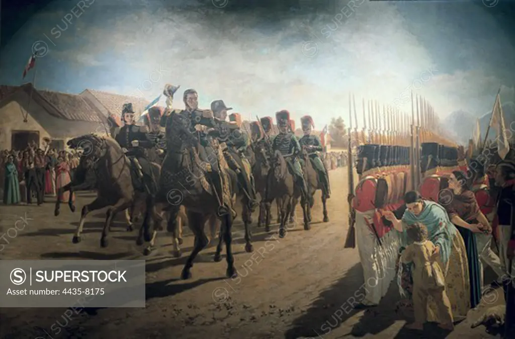 BLANES, Juan Manuel (1830-1901). The Review in Rancagua. 1872. General Bernardo O'Higgins reviews the troops before leaving to fight the Spanish troops at the Battle of Rancagua (1814). Oil on canvas. ARGENTINA. BUENOS AIRES. Buenos Aires. National Museum of Fine Arts.