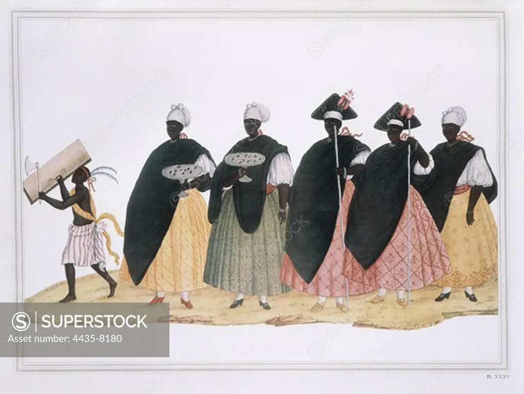 Slaves dressed for 'Fiesta del Rosario' festival, Brazil, 18th century. Watercolour.