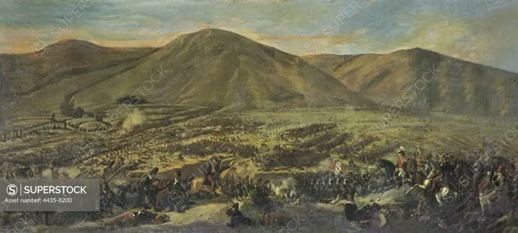 ALABES, Fidencio (19th century). Battle of Ayacucho. Battle on the 9th December 1824. General Sucre defeats the royalist troops led by the viceroy La Serna. Oil on canvas.