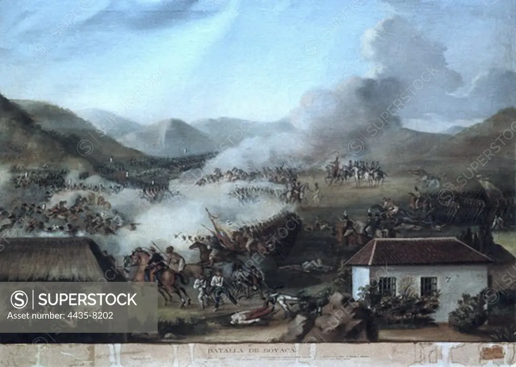 Boyac battle, Bol’var's soldiers defeating JosŽ M.Barreiro's royalist soldiers, making sure Nueva Granada was independent. Painting.