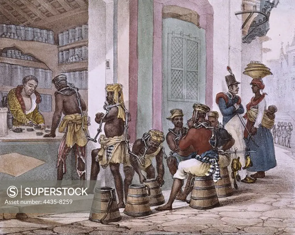 DEBRET, Jean Baptiste (1768-1848). Black slaves buying tobacco. Costumbrism. Litography.