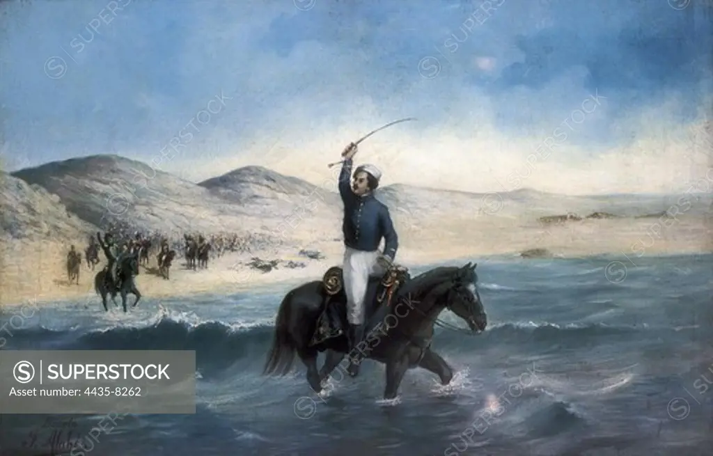 ALABES, Fidencio (19th century). Action of lieutenant Pringles in Chancay (November 27, 1820). s.XIX. Chile. Process of Independence (1820). Oil on canvas.