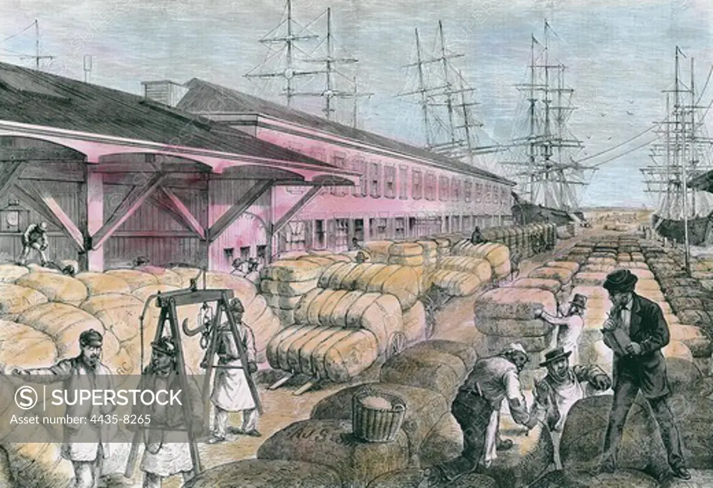 Cotton shipping from Charleston, South Carolina. Scene in the trade port. Colored illustration published in Leslie's magazine on 16th March 1868. Engraving.