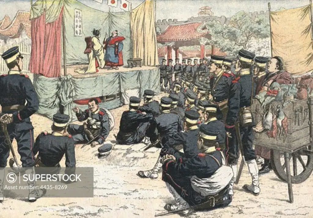 Russo-Japanese War (1904-1905). Theatre performance in the Japanese camp between two battles. Illustration from 'Le Petit Journal', August 25th, 1904. Engraving.