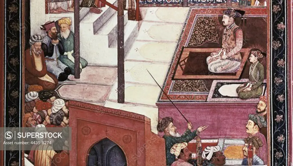 India. Great Mughal Empire (17th c.). Solemn prayer of emperor Jahangir after the Ramadan in Idgah. Central detail with the figure of Jahangir. Mughal art. Painting. GERMANY. BERLIN. Berlin. Museum of Islamic Arts.