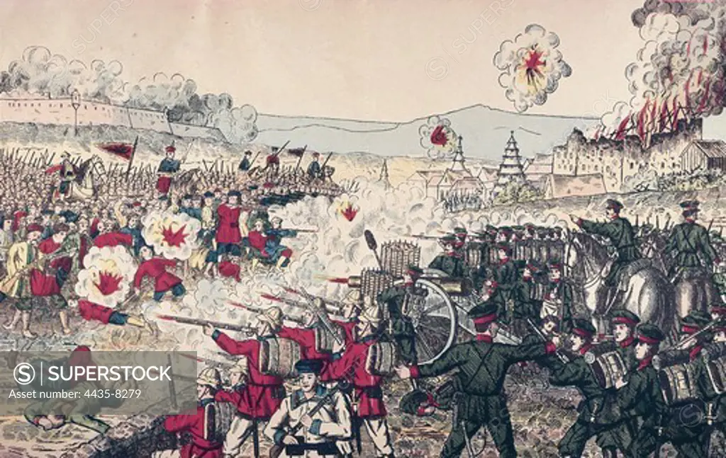 China. The Boxer Rebellion. Battle of Tientsin (June 1900). Etching. ITALY. LOMBARDY. Milan. Civica Raccolta delle Stampe 'Achille Bertarelli' (Achille Bertarelli collection of prints).