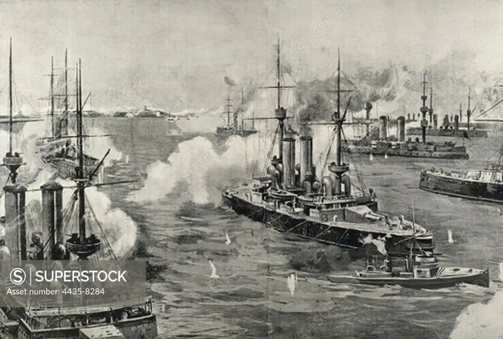 China. The Boxer Rebellion. The Allied Forces bombing Fort Taku (June 17th 1900). Engraving.