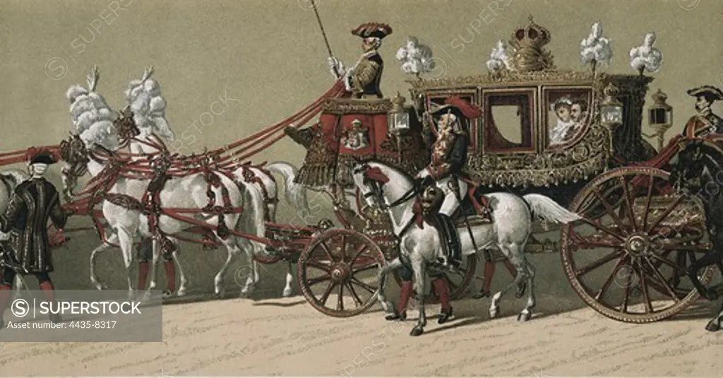 Spain (1879). Weding of Alfonso XII and MarÕa Cristina de Habsburgo. Royal cortge. Litography.