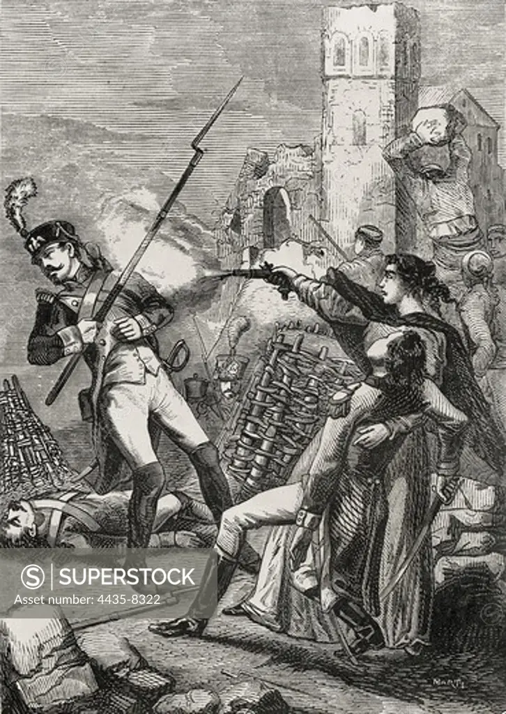 Spain (1808-1814). Peninsular War. Sieges of Saragossa. Spanish woman shooting a French soldier. Etching. SPAIN. ARAGON. Zaragoza. DiputaciÑn Provincial Library.