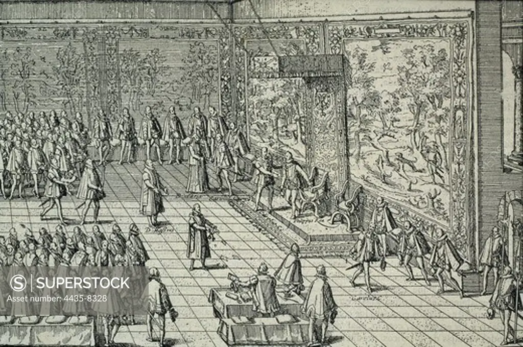 Hasburgs' Empire. Abdication of Charles V in Brussels (1555-1556). He gave the imperial throne to his brother Ferdinand I and the crown of Aragon, Burgundy and Castilla to his son Philip II. Engraving.