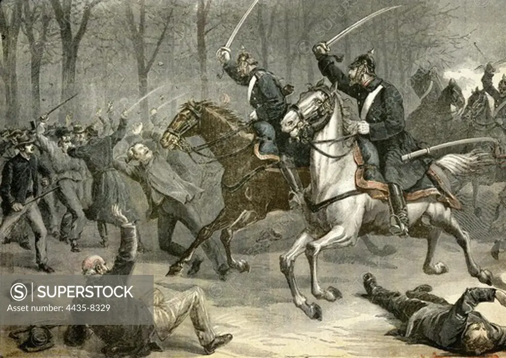 Germany (1892). Second Reich. Charge of the cavalry against demonstrators opposite to William II. Engraving.