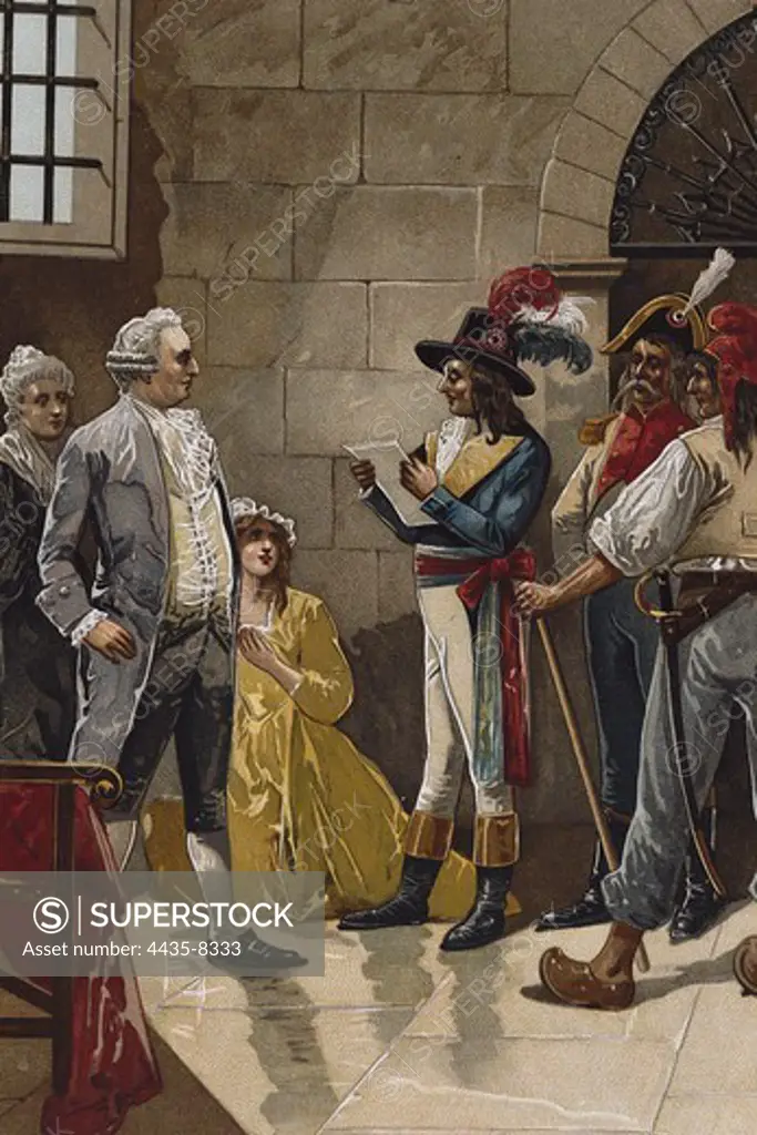 The French Revolution. Legislative Assembly (1791-1792). Louis XVI is notified that he will be imprisoned at the Temple's tower. August 1792. Drawing.