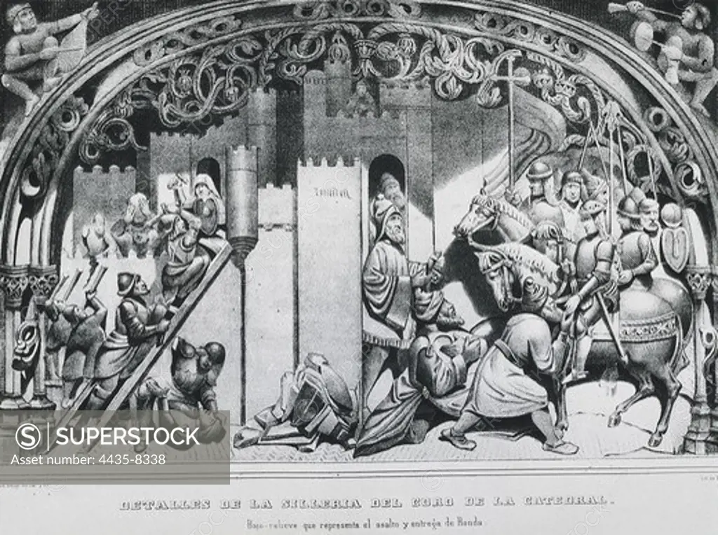 Spain (1485). Reconquest. Assault and delivering of Ronda to the Catholic Monarchs. Reproduction of a detail of the choir chairs of the Cathedral of Toledo. Engraving.