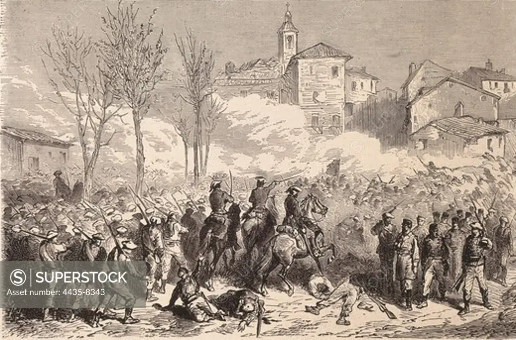 Spain. Third Carlist War. Savall's Carlist troops attacks the city of Berga (March 1873). Engraving. SPAIN. MADRID (AUTONOMOUS COMMUNITY). Madrid. National Library.