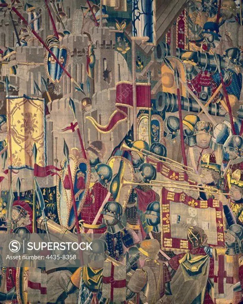 Tapestry of Pastrana. end 15th c. Portugal. Kingdom of Afonso V the African. Conquest of Tanger.Portuguese troops disembark in 1478. Flemish art. Tapestry. SPAIN. CASTILE-LA MANCHA. GUADALAJARA. Pastrana. Cathedral.
