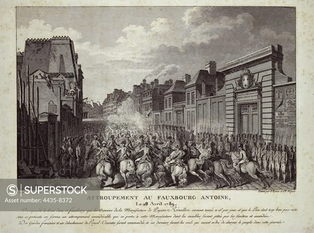 Paris (April 24th, 1789). The cavalry charges against the workers of the paper factory R_veillon in Faubourg Saint Antoine. Etching. FRANCE. LE-DE-FRANCE. Paris. Mus_e Carnavalet (Carnavalet Museum).