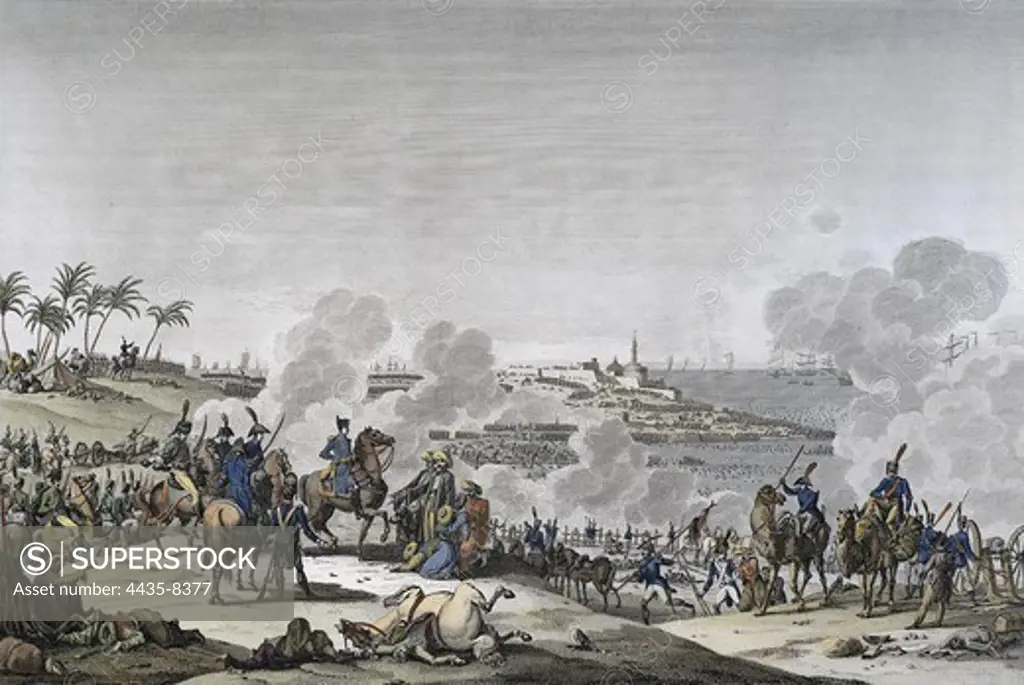 Battle of Aboukir (25th July 1799). Napoleon defeats the Turks. Etching. FRANCE. LE-DE-FRANCE. Paris. Bibliothque des Arts D_coratifs (Decorative Arts Library).