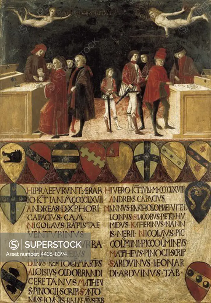 BENVENUTO DI GIOVANNI (1436-1518). The Council Finances in Times of War and of Peace. 1468. Renaissance art. Oil on wood. ITALY. TUSCANY. Siena. Archivio di Stato (Provincial Archives).