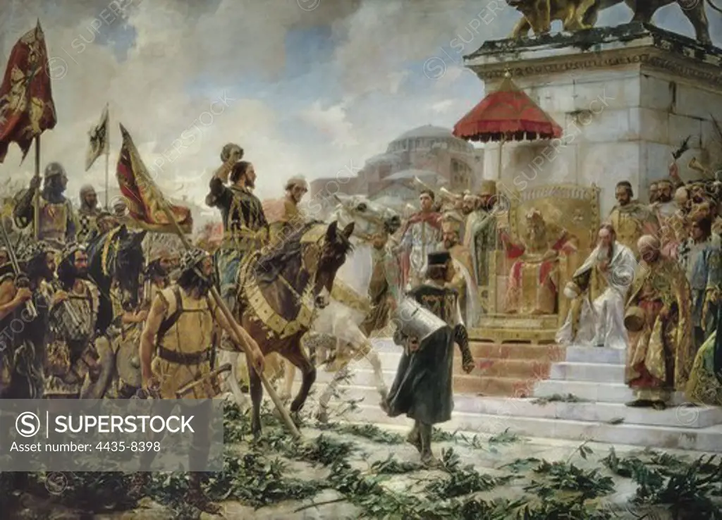 MORENO CARBONERO, Jos_ (1860-1942). The arrival of Roger de Flor in Constantinople. 1888. SPAIN. Madrid. Senate Palace. Scene depicting Roger de Flor and his Almogavars troops marching before the Byzantin Emperor Andronicus II Palaeologus (1303). Oil on canvas.