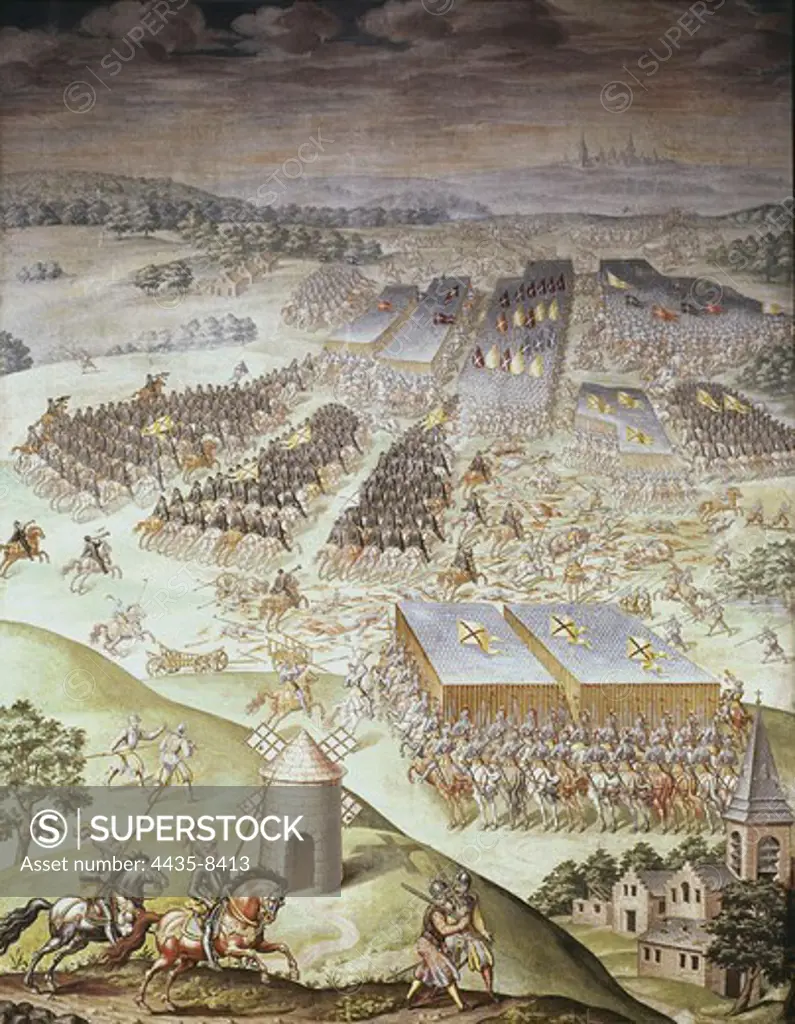 CASTELLO, Fabrizio (1562-1617). Battle of St. Quentin. 1590-1591. SPAIN. San Lorenzo de El Escorial. Royal Monastery of San Lorenzo de El Escorial. Battle where the troops of Philip II of Spain defeated those of Henry II of France (1557). Hall of the Battles. Fresco.