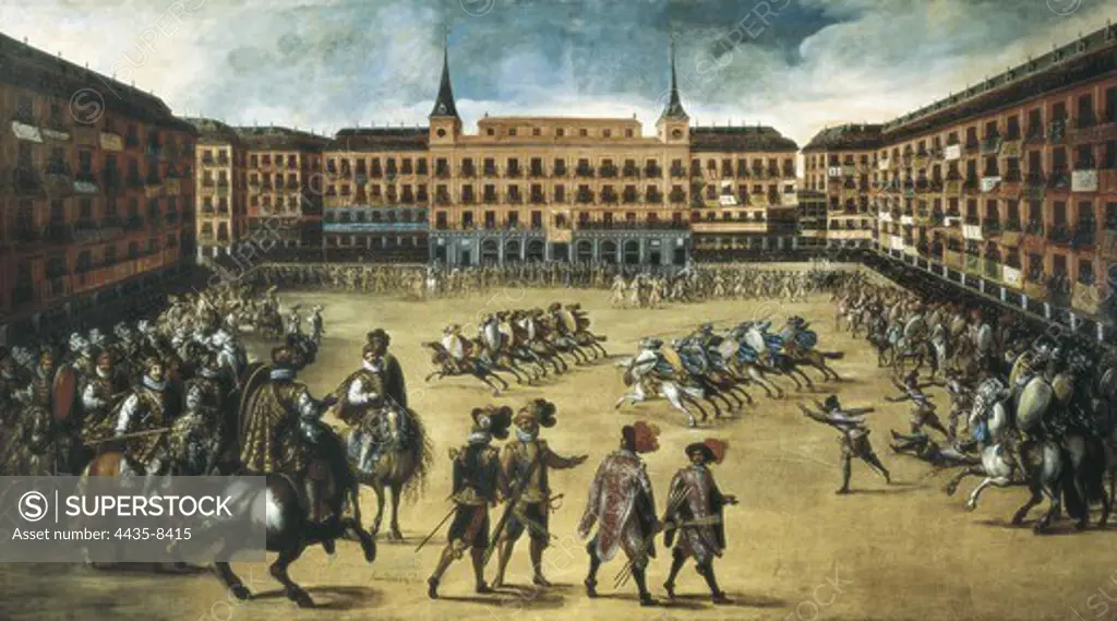 CORTE, Juan de la (1597-1660). Parade in the Plaza Mayor in Madrid. 1600. Flemish art. Oil on canvas. SPAIN. MADRID (AUTONOMOUS COMMUNITY). Madrid. Museo de Historia.
