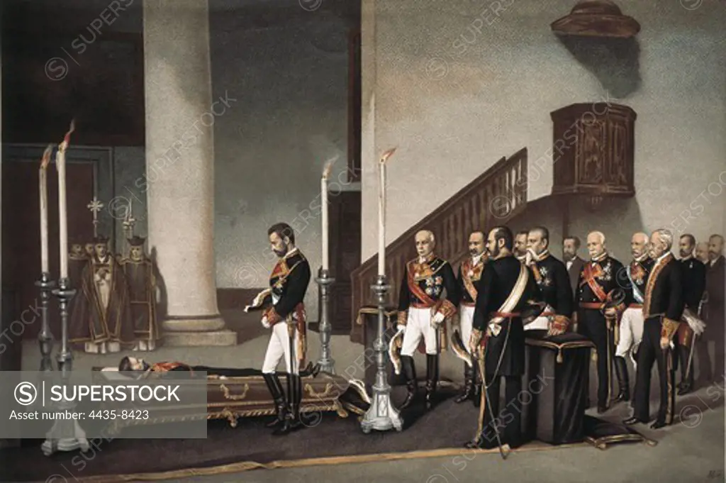 Spain (1870). The king Amadeo I before the coffin of general Prim in the basilica of Atocha. Engraving by J. Palacios after a painting by Gisbert. Litography. SPAIN. MADRID (AUTONOMOUS COMMUNITY). Madrid. National Library.