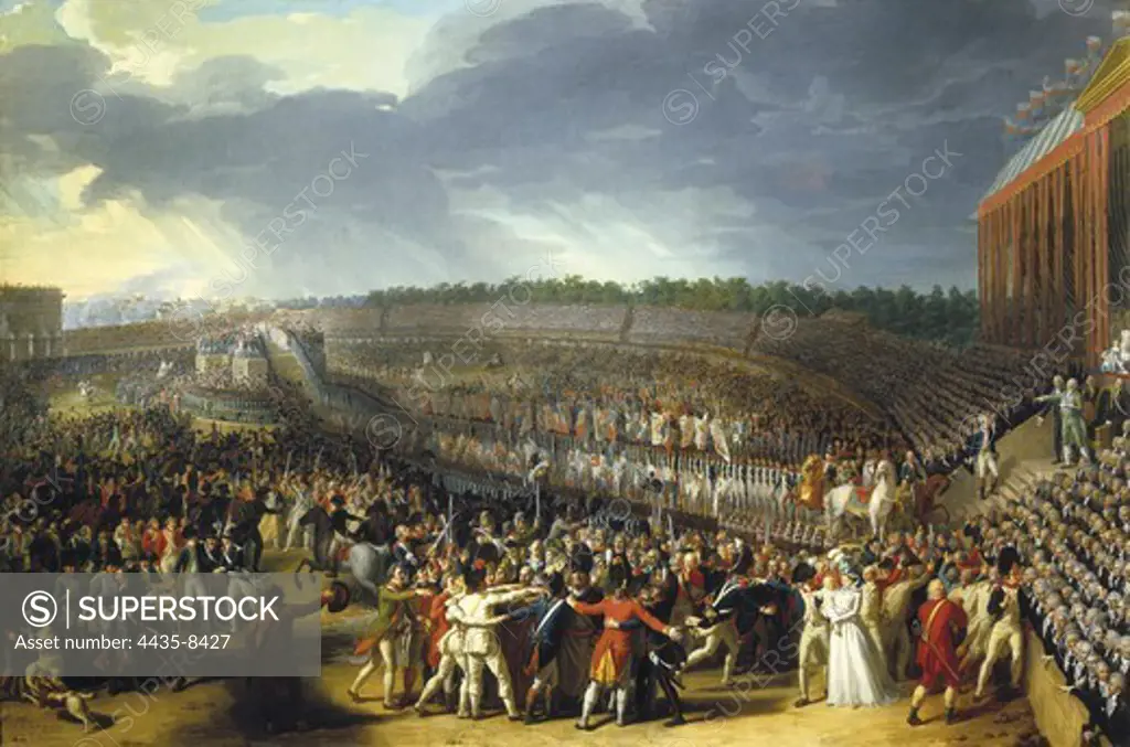 THEVENIN, Charles (1764-1838). The Celebration of the Federation, Champs de Mars, Paris, 14 July 1790. ca. 1789-1793. Fte de la F_d_ration (14th July 1790) held on the first anniversary of the storming of the Bastille. Oil on canvas. FRANCE. ‘LE-DE-FRANCE. Paris. Mus_e Carnavalet (Carnavalet Museum).