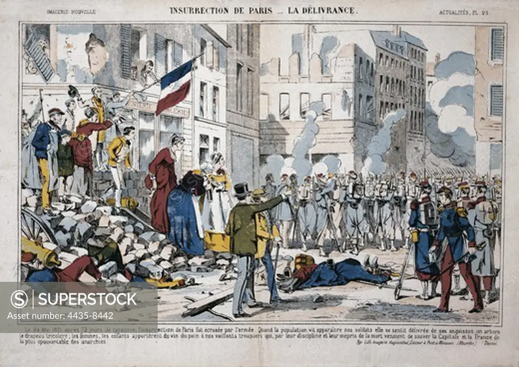 France (1871). Commune de Paris. 'Uprising of ParÕs. The Liberation'. Entrance of the army into Paris to end the revolutionary government. Engraving.